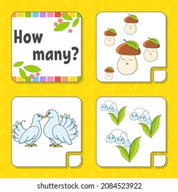 Counting game for children. Happy characters. Learning mathematics. How many object in the picture. Education worksheet. With space for answers. Isolated vector illustration in cute cartoon style.
