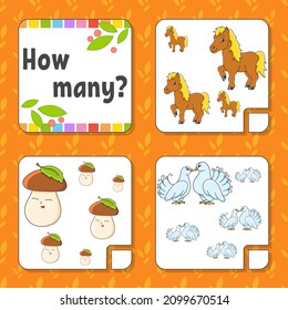 Counting game for children. Happy characters. Learning mathematics. How many object in the picture. Education worksheet. With space for answers. Isolated vector illustration in cute cartoon style.