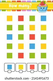 Counting game for children. Happy characters. Learning mathematics. How many object in the picture. Education worksheet. With space for answers. Isolated vector illustration in cute cartoon style.