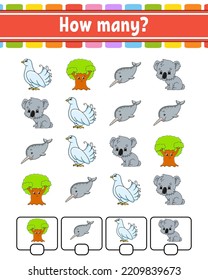 Counting game for children. Happy characters. Learning mathematics. How many object in the picture. Education worksheet. With space for answers. Vector illustration.