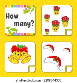 Counting game for children. Happy characters. Learning mathematics. How many object in the picture. Education worksheet. Christmas theme. Isolated vector illustration in cute cartoon style.