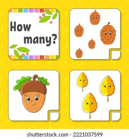 Counting game for children. Happy characters. Learning mathematics. How many object in the picture. Education worksheet. With space for answers. Vector illustration.