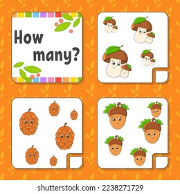 Counting game for children. Happy characters. Learning mathematics. How many object in the picture. Education worksheet. With space for answers. Vector illustration.
