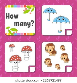 Counting game for children. Happy characters. Learning mathematics. How many object in the picture. Education worksheet. With space for answers. Vector illustration.