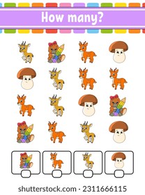 Counting game for children. Happy characters. Learning mathematics. How many object in the picture. Education worksheet. With space for answers. Vector illustration.