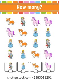 Counting game for children. Happy characters. Learning mathematics. How many object in the picture. Education worksheet. With space for answers. Vector illustration.