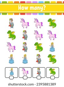 Juego de conteo para niños. Personajes felices. Aprendiendo matemáticas. ¿Cuántos objetos hay en la imagen? Hoja de trabajo de educación. Con espacio para respuestas. Ilustración vectorial.