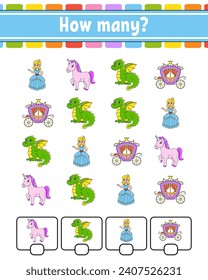Counting game for children. Happy characters. Learning mathematics. How many object in the picture. Education worksheet. With space for answers. Vector illustration.