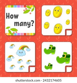 Counting game for children. Happy characters. Learning mathematics. How many object in the picture. Education worksheet. With space for answers. Vector illustration.