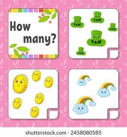 Counting game for children. Happy characters. Learning mathematics. How many object in the picture. Education worksheet. With space for answers. Vector illustration.