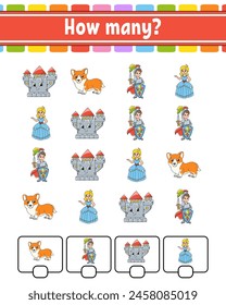 Counting game for children. Happy characters. Learning mathematics. How many object in the picture. Education worksheet. With space for answers. Vector illustration.