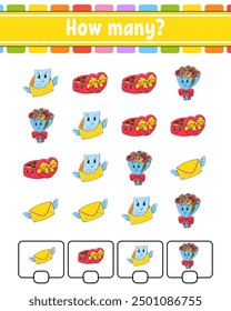 Counting game for children. Happy characters. Learning mathematics. How many object in the picture. Education worksheet. With space for answers. Vector illustration.