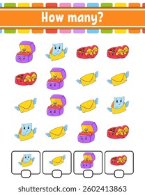 Counting game for children. Happy characters. Learning mathematics. How many object in the picture. Education worksheet. With space for answers. Vector illustration.
