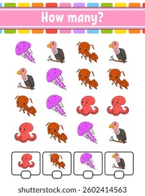 Counting game for children. Happy characters. Learning mathematics. How many object in the picture. Education worksheet. With space for answers. Vector illustration.