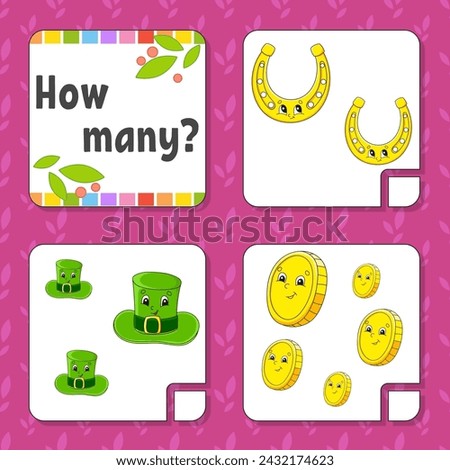Counting game for children. Happy characters. Learning mathematics. How many object in the picture. Education worksheet. With space for answers. Vector illustration.