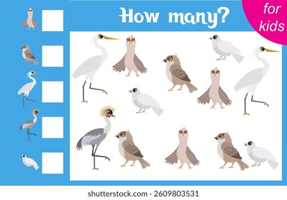 Counting game for children. Heron, dove, sparrow and cuckoo. Zoo. How many animals are there in the picture.  Calculation for children. Worksheet for preschoolers. Printable.