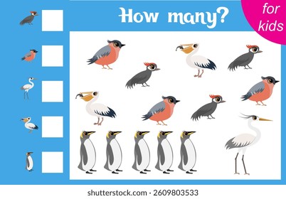 Counting game for children. Heron, penguin, pelican, woodpecker and bullfinch. Zoo. How many animals are there in the picture.  Calculation for children. Worksheet for preschoolers. Printable.