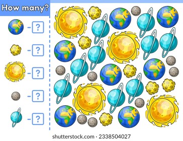 Counting game for children. Kids math game. How many space objects. Count cartoon planets Earth, Moon, Mercury, Uranus and star Sun. Educational worksheet for preschool and school education. Vector.