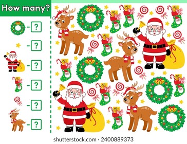 Counting game for children. Kids math game. How many Christmas objects. Count the Santa Claus, Xmas wreaths, reindeer, New Year socks. Educational worksheet for preschool and school education. Vector.