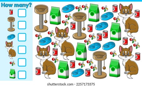 Counting game for children. Math puzzle How many cats and pet accessories. Count and write the number. Education worksheet for preschool and school kids. Cute vector illustrations in cartoon style.