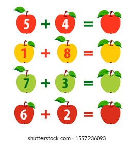 Counting game for children. Mathematical game. Count the numbers in the picture and write the result. Apple.