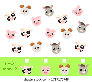 Counting Game for children with pictures. Educational game for preschool years kids and toddlers. Development activity for preschool children with counting objects. Flat vector stock illustration.