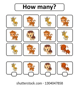 Counting game for children of preschool age. Learning mathematics. How many animals in the picture. With space for answers. Simple flat isolated vector illustration in cute cartoon style