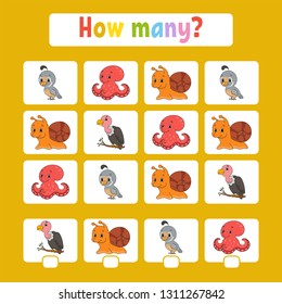Counting game for children of preschool age. Learning mathematics. How many animals in the picture. With space for answers. Simple flat isolated vector illustration in cute cartoon style
