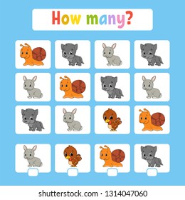 Counting game for children of preschool age. Learning mathematics. How many animals in the picture. With space for answers. Simple flat isolated vector illustration in cute cartoon style