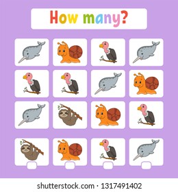 Counting game for children of preschool age. Learning mathematics. How many animals in the picture. With space for answers. Simple flat isolated vector illustration in cute cartoon style