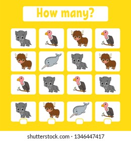 Counting game for children of preschool age. Learning mathematics. How many animals in the picture. With space for answers. Simple flat isolated vector illustration in cute cartoon style