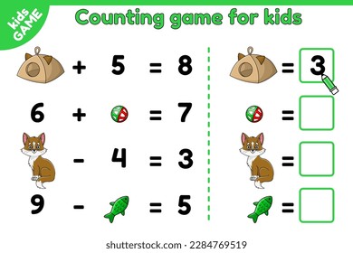 Counting game for children. Teaching math. Task for addition and subtraction. Educational worksheet for preschool and school kids. Cartoon kitten, cat house and cat toys. Vector isolated illustrations