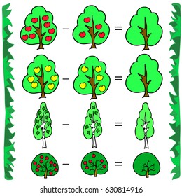 Counting Game for Children . Trees.  Educational mathematical game in pictures. Subtraction. Color.
