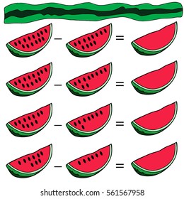 Counting Game for Children .  Watermelon.  Educational mathematical game in pictures. Subtraction. Color.