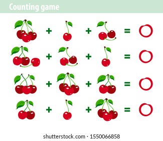 Counting Game for children. Worksheet.  Educational a mathematical game. Cherry. Worksheet. 