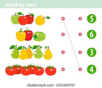 Counting Game for children. Worksheet.  Educational a mathematical game. Apple. Pear. Pepper. Tomato.