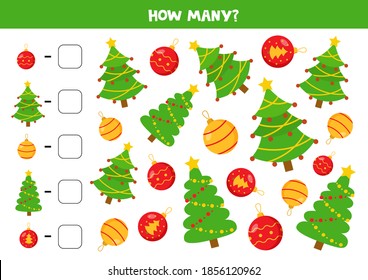 Counting game with Christmas trees and balls. Math game for children.