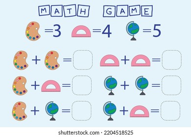 counting game with colorful school suppliers . Preschool worksheet, kids activity sheet, printable worksheet
