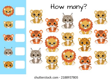 Counting game, count big cats and write result. Kids educational logic game. Educational printable math worksheet. Vector illustration isolated on white background.