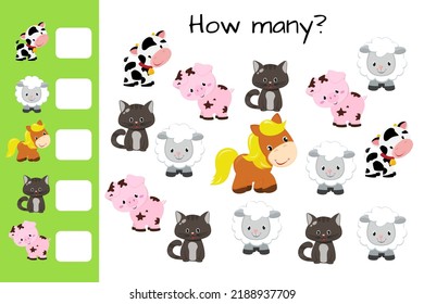 Counting game, count farm animals and write result. Kids educational logic game. Educational printable math worksheet. Vector illustration isolated on white background.