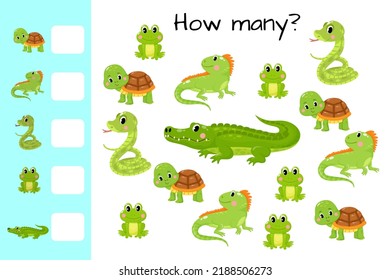 Counting game, count green animals and write result. Kids educational logic game. Educational printable math worksheet. Vector illustration isolated on white background.