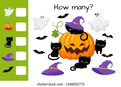 Counting game, count halloween party and write result. Kids educational logic game. Educational printable math worksheet. Vector illustration isolated on white background.