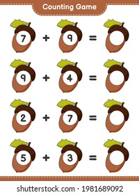 Counting game, count the number of Acorn and write the result. Educational children game, printable worksheet, vector illustration