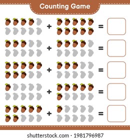 Contando juego, contar el número de Acorn y escribir el resultado. Juego infantil educativo, hoja de cálculo imprimible, ilustración vectorial