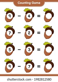 Counting game, count the number of Acorn and write the result. Educational children game, printable worksheet, vector illustration