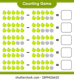 Zählen Sie das Spiel, zählen Sie die Anzahl von Apple und schreiben Sie das Ergebnis. Kinderspiel, druckbares Arbeitsblatt, Vektorgrafik