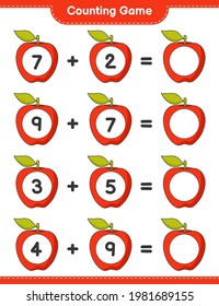 Contando juego, contar el número de Apple y escribir el resultado. Juego infantil educativo, hoja de cálculo imprimible, ilustración vectorial