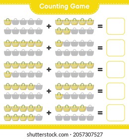 Contando el juego, cuenta el número de Beach Bag y escribe el resultado. Juego infantil educativo, hoja de cálculo imprimible, ilustración vectorial