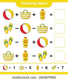 Counting game, count the number of Beach Ball, Sunscreen, Beach Bag, Flip Flop and write the result. Educational children game, printable worksheet, vector illustration