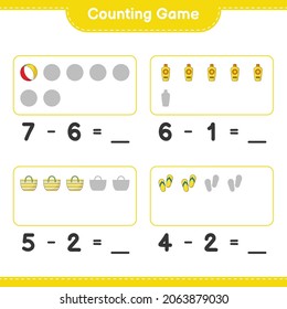 Counting game, count the number of Beach Ball, Sunscreen, Beach Bag, Flip Flop and write the result. Educational children game, printable worksheet, vector illustration